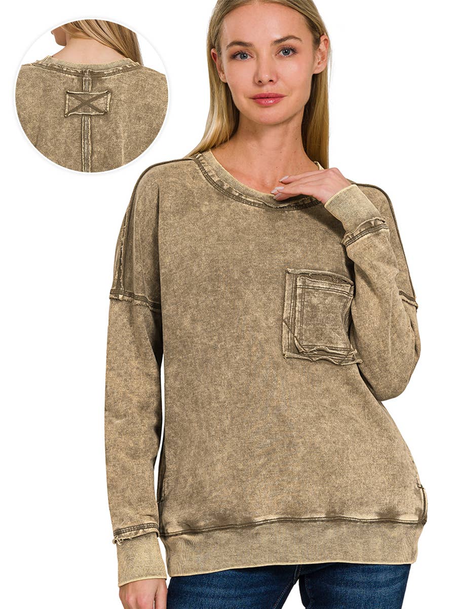 Acid Wash French Terry Raw Edge Pullover