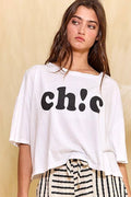 T2285 'chic' Print Boxy Crop T-Shirt Top