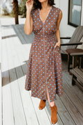 Polka Dot Print  V Neck Zip Up Sleeveless Dress (S-Xl)