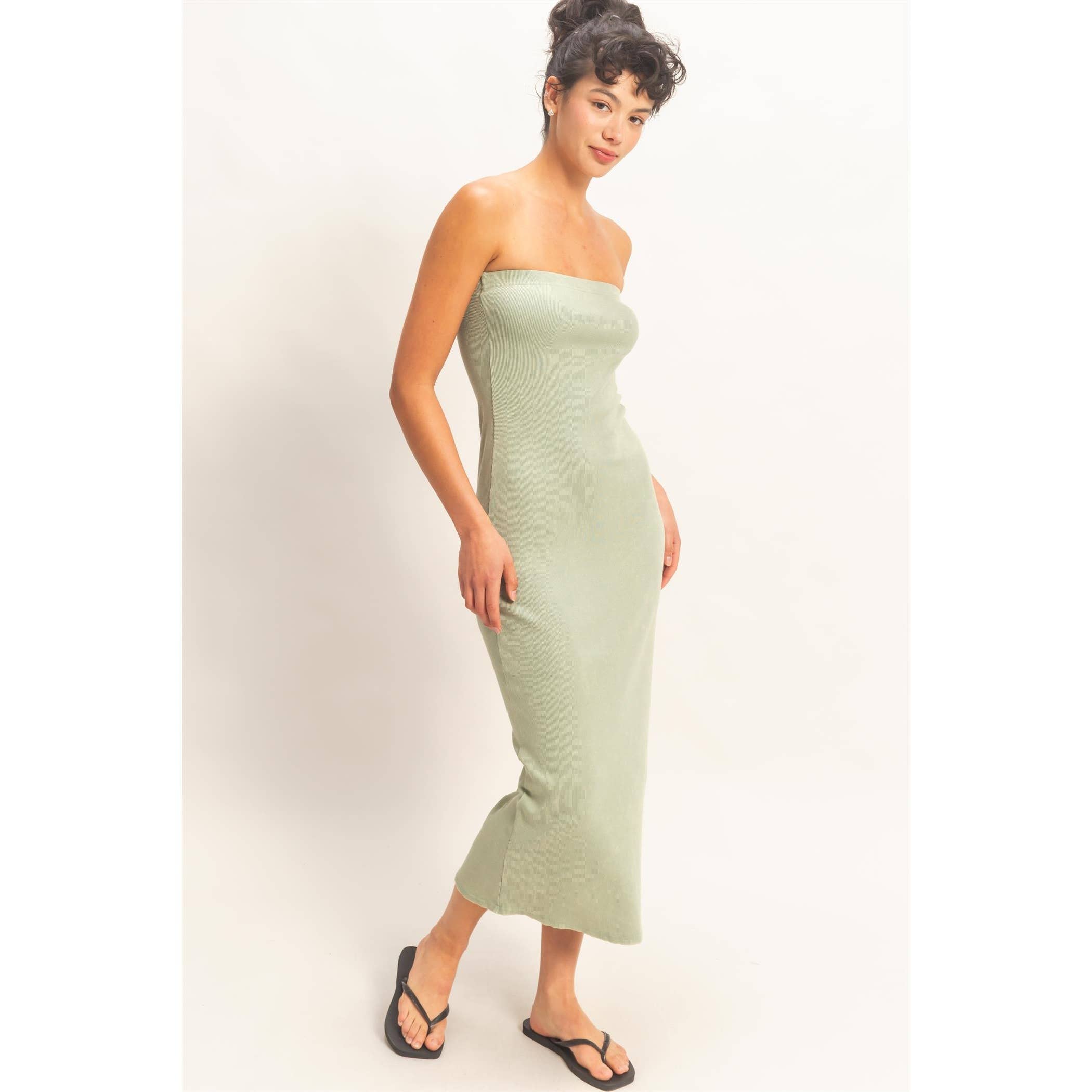 Acid Washed Ribbed Midi Tube Dress