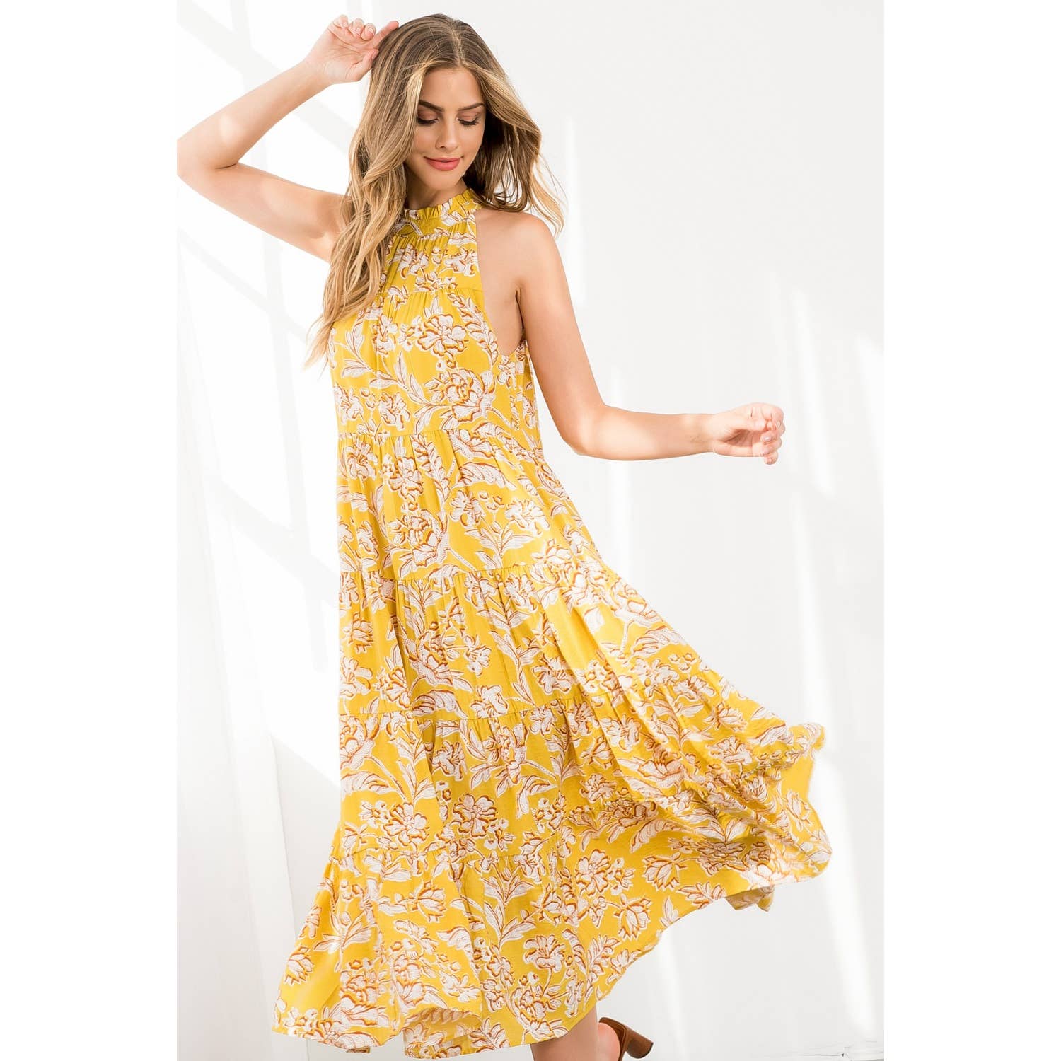 Floral Print Tiered Maxi Halter Dress