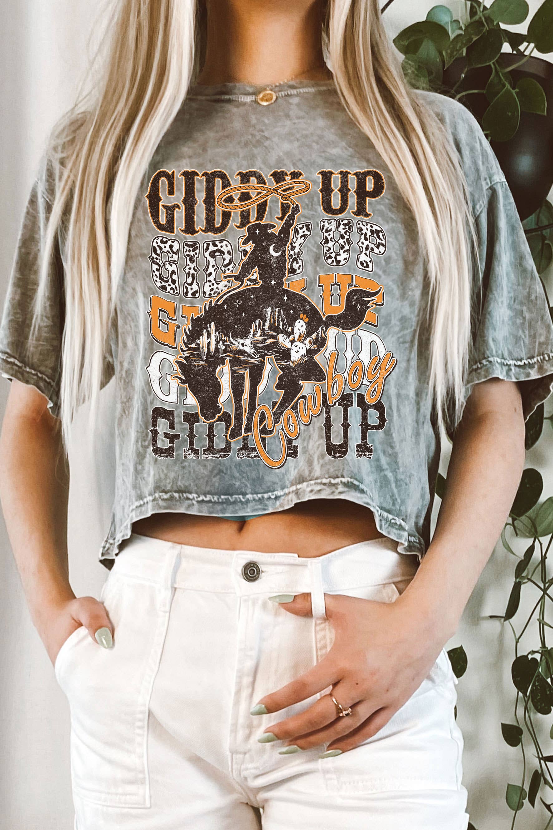 Giddy Up Rodeo Cowboy Mineral Graphic Long Crop Top