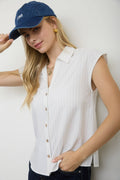 Pinstripe Button Down Drop Shoulder Collared Shirt