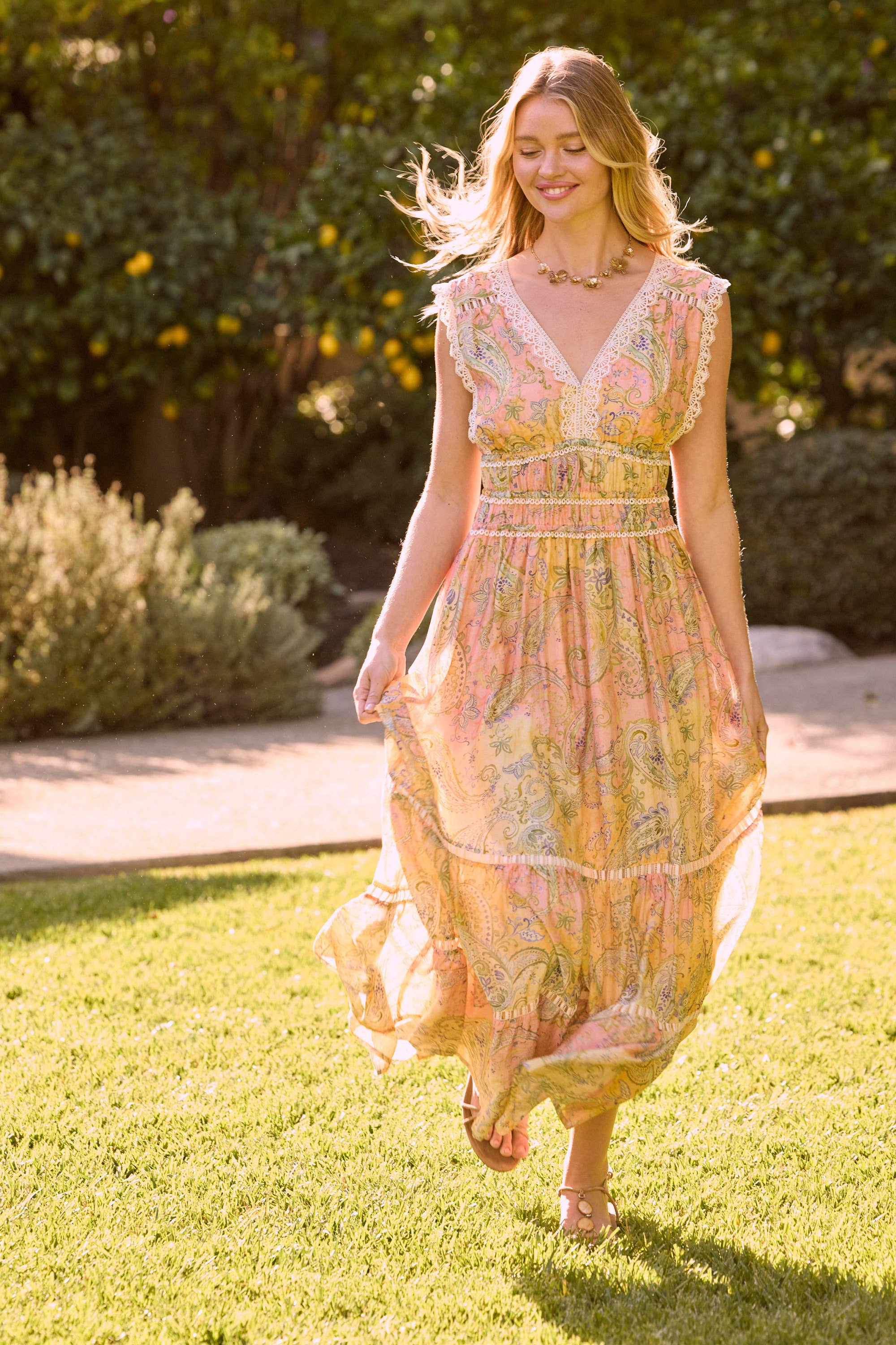 Printed Lace-Trim Maxi Dress