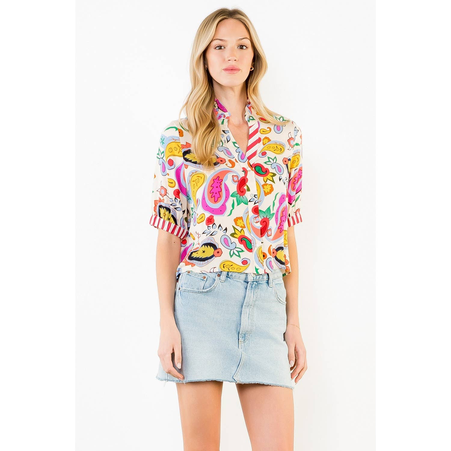 Printed V-Neck Button Stripe Cuff Top