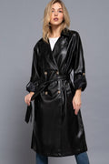 1003 Double Breasted Button Faux Leather Trench Coat SI-26868