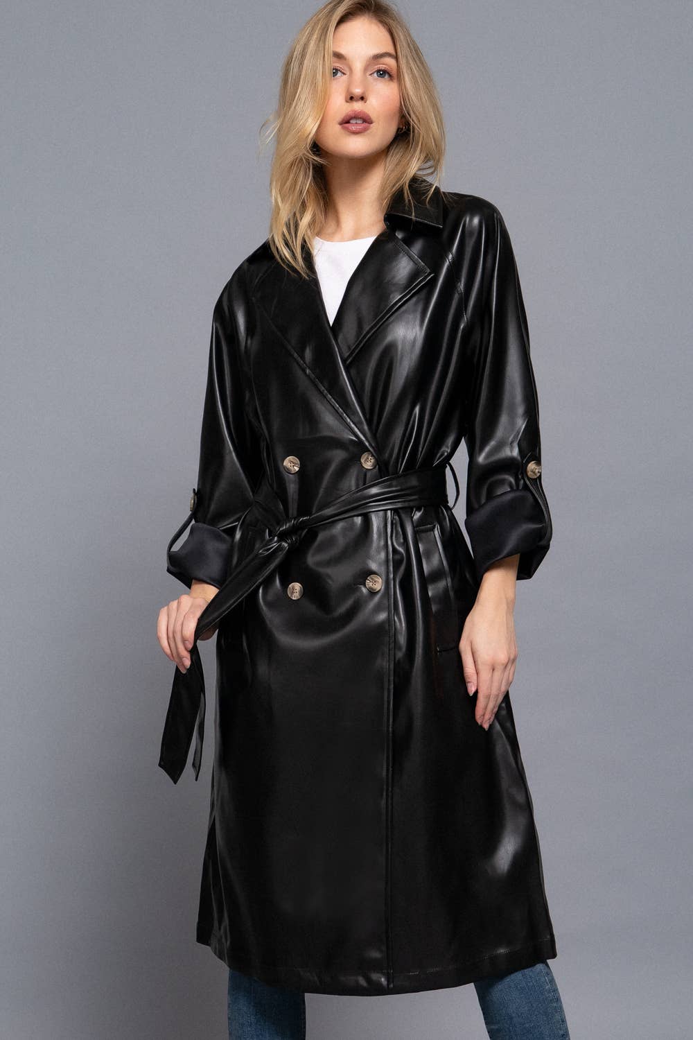 1003 Double Breasted Button Faux Leather Trench Coat SI-26868