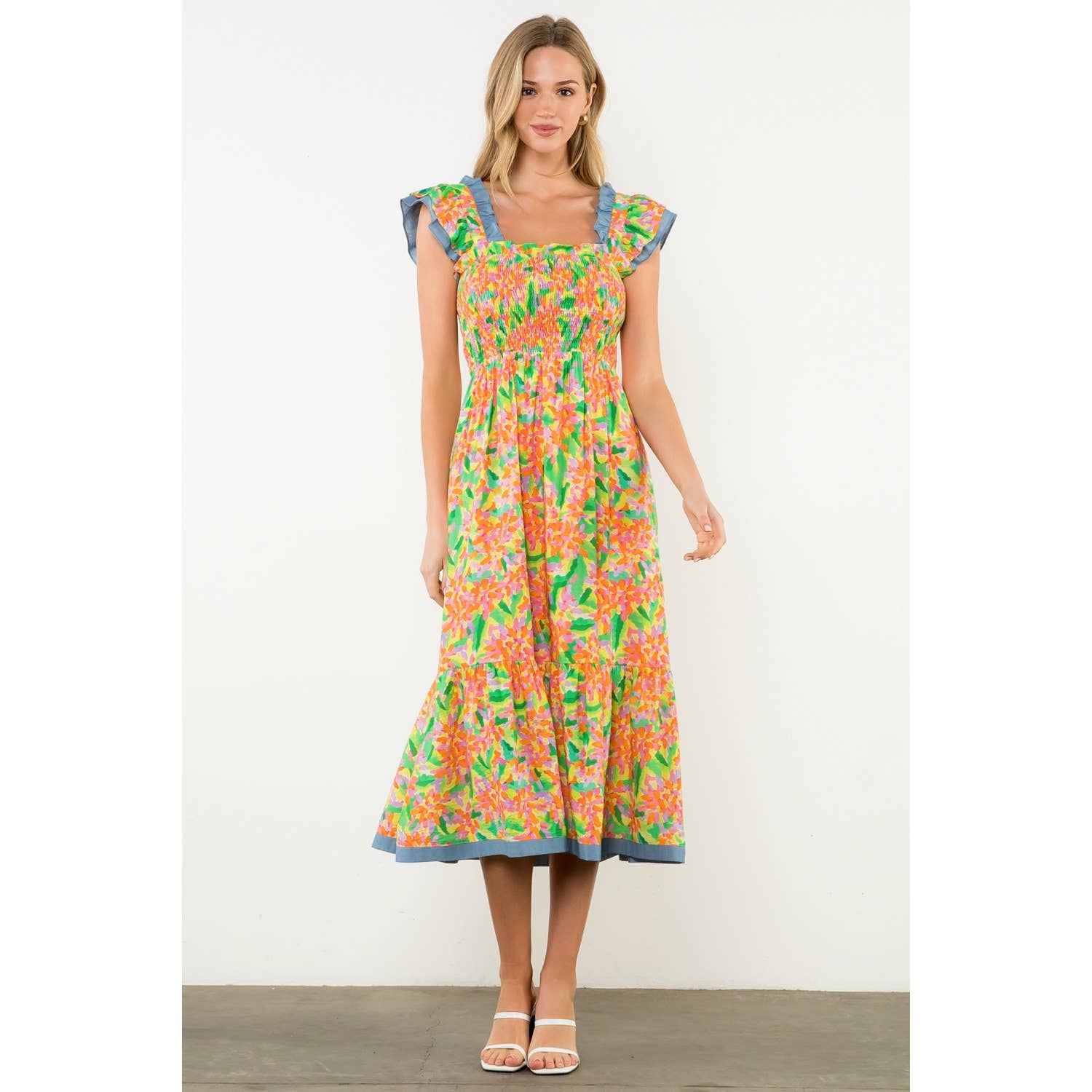 Smocked Ruffle Strap Multi Color Maxi Dress
