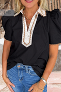 Ricrac Trim Collared Split Neck Short Sleeve Blouse (S-Xl)