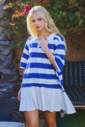 ID4289 Contrast Pleated Skirt Striped T-Shirt Dress