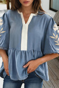 V Neck Embroidered Puff Sleeve Babydoll Blouse (S-Xl)