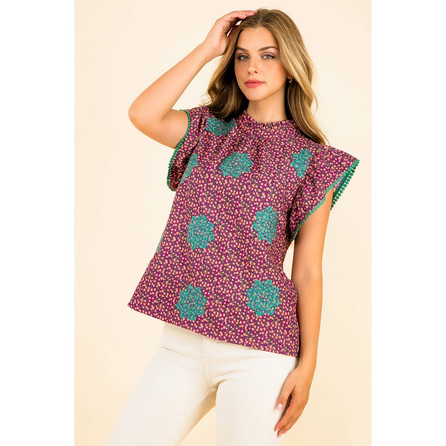 Embroidered Ditsy Flower Print Top