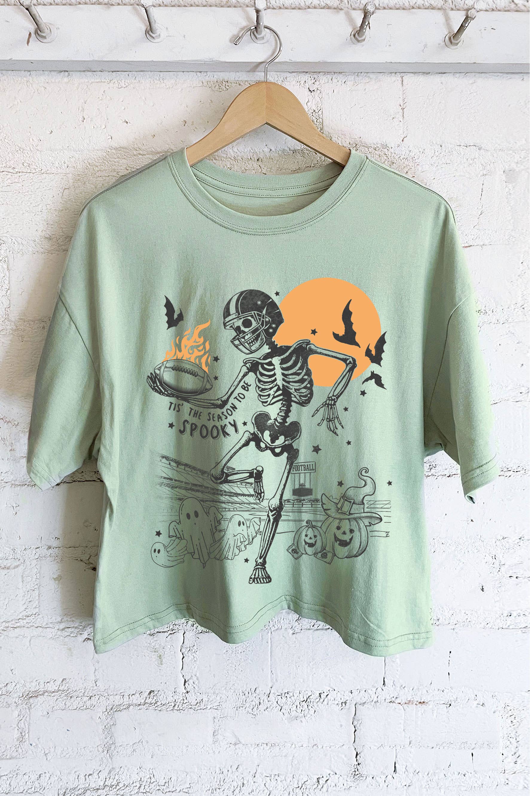 Spooky Skeleton Football Puff Graphic Long Crop Top