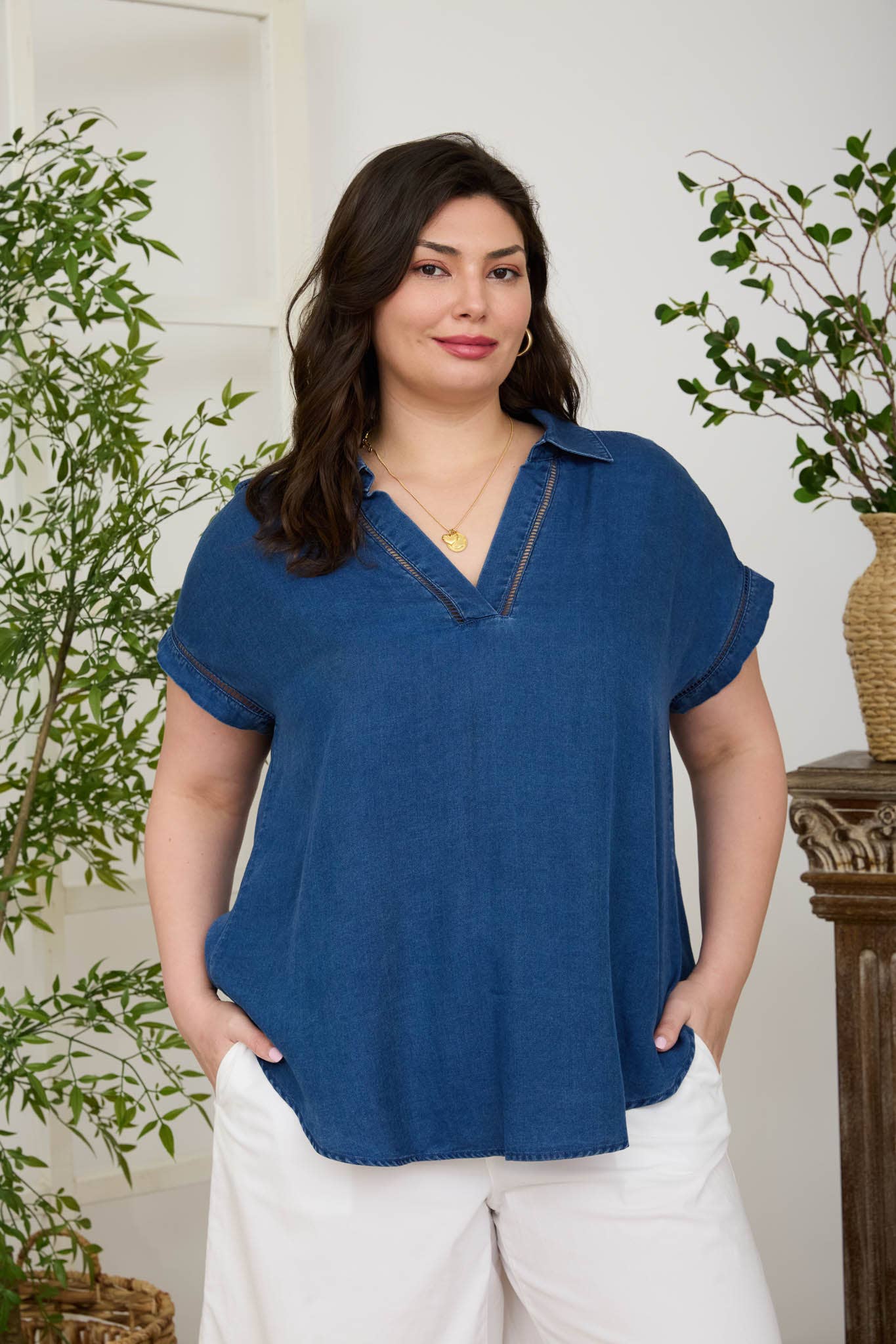 Plus Denim Collared V Neck Ladder Lace Trim Denim Shirt