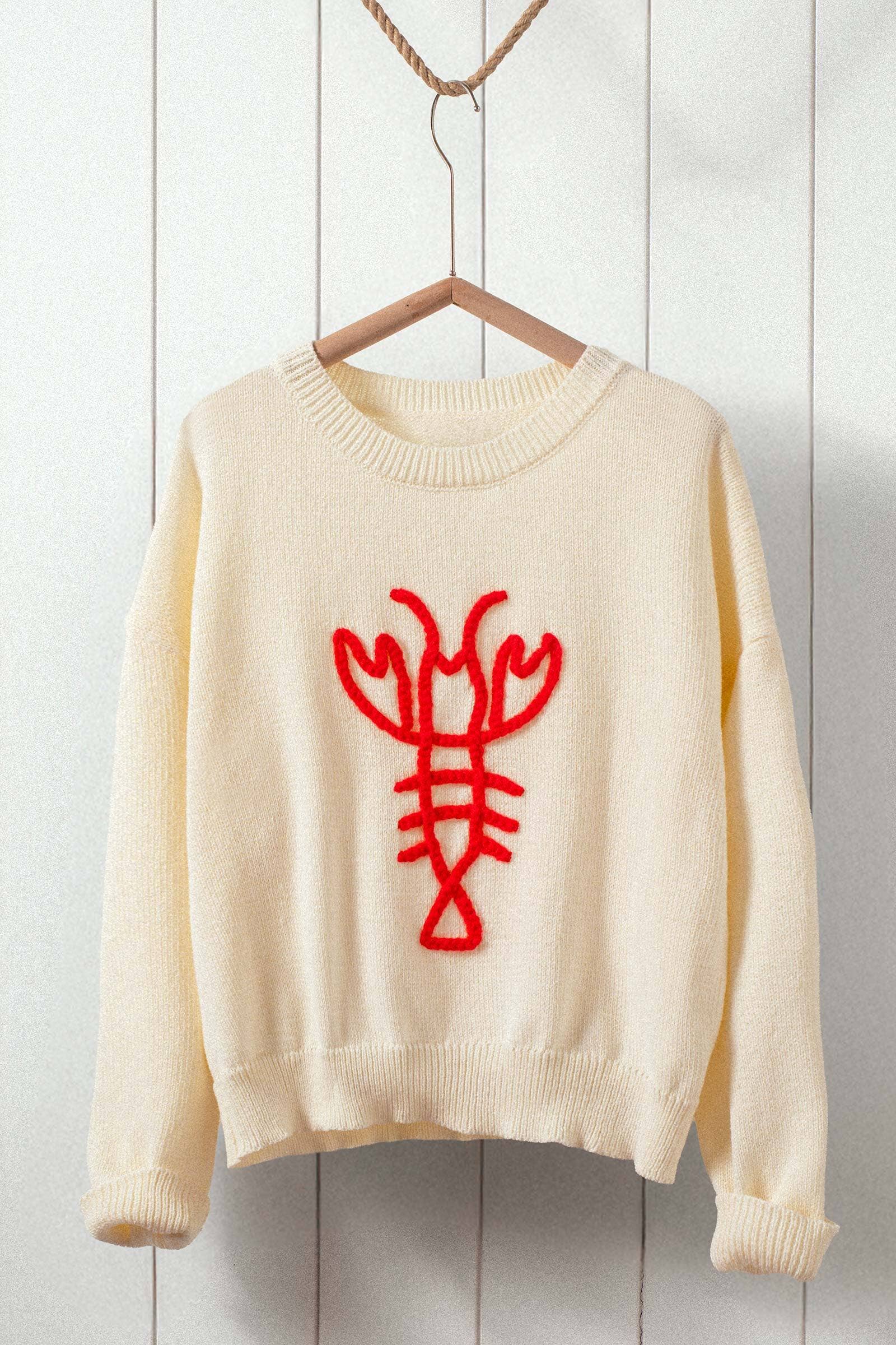 Playful Lobster Embroidery Relaxed Knit Sweater Top
