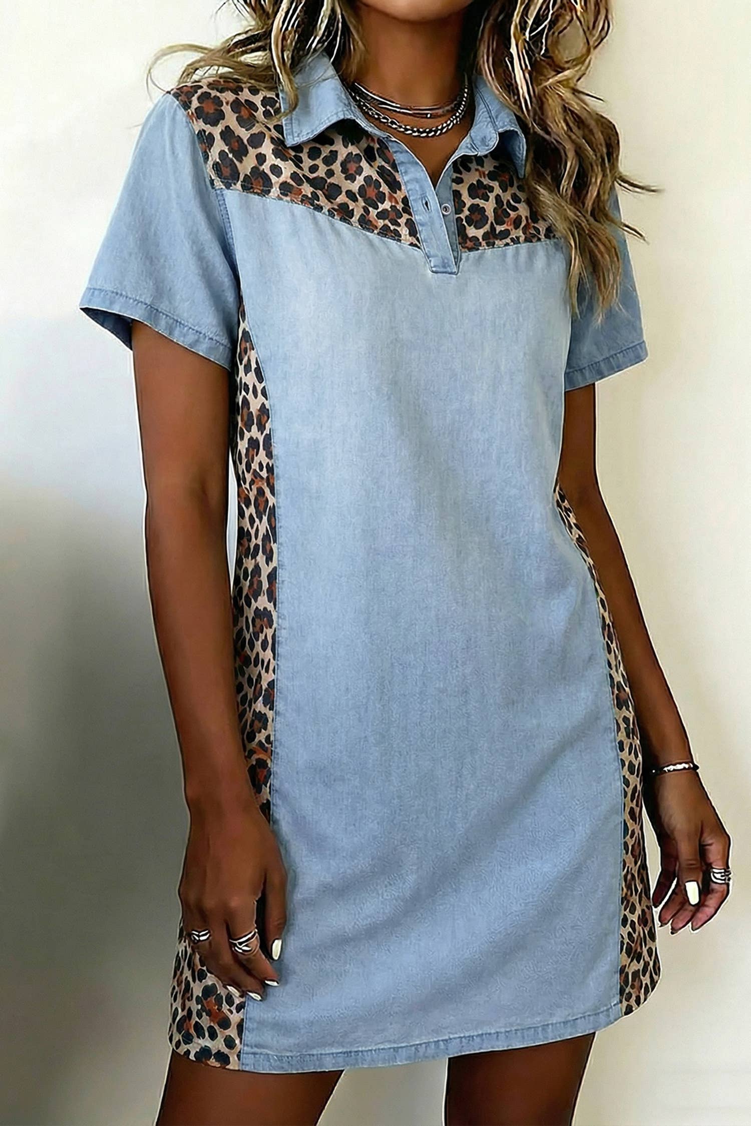 Denim Leopard Patchwork Shirt Collar Mini Dress (S-Xl)