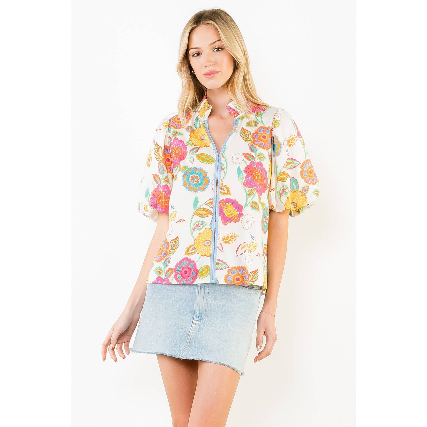 Puff Sleeve Floral Pattern V-Neck Top