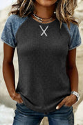 Western Denim Textured Knit Seam Detail Patchwork Top (S-Xl)