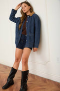 Stripe Corduroy Collar Denim Shacket