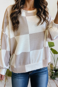 Checkered Print Breathable Textured Long Sleeve Top (S-Xl)