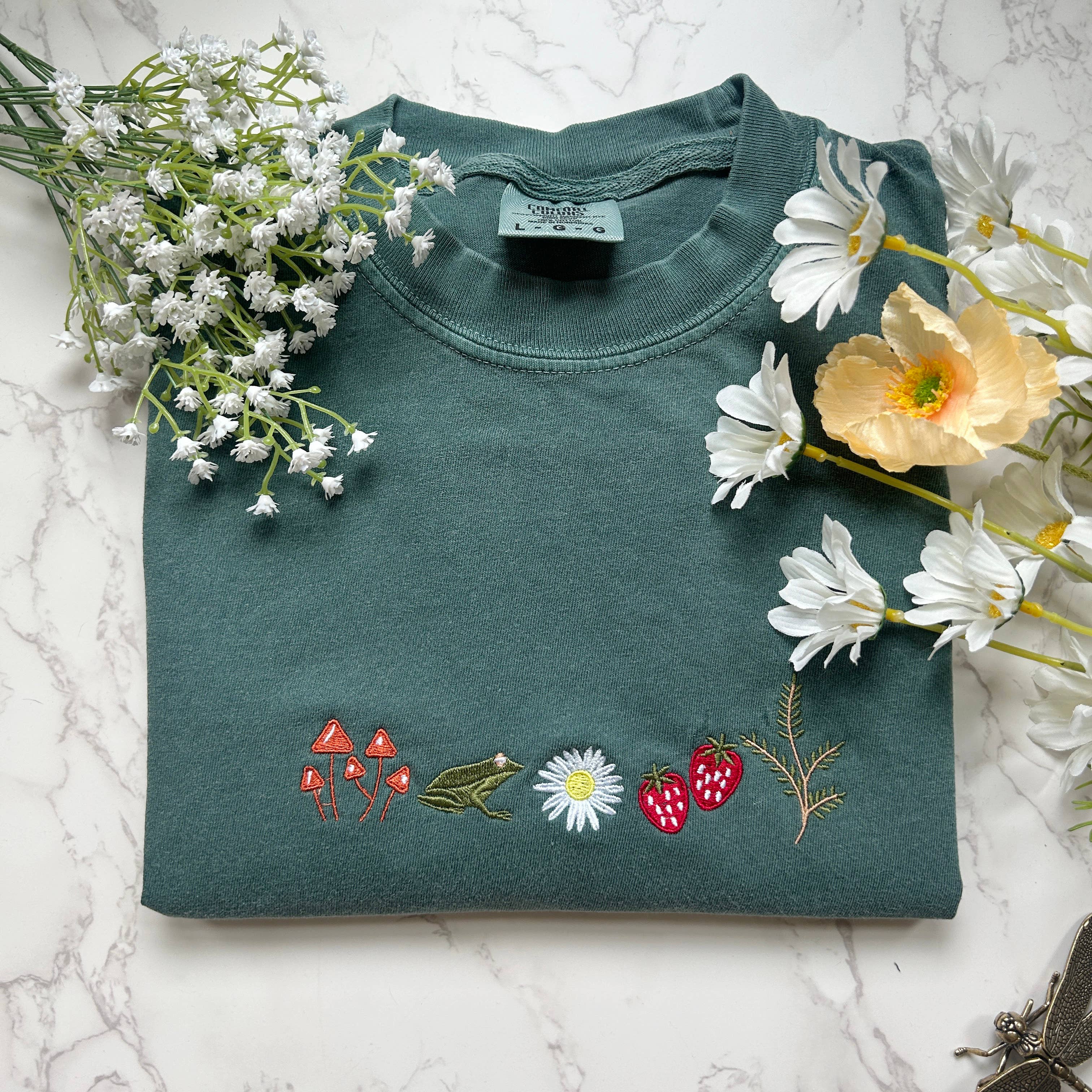 Embroidered Cottagecore Nature Frog Mushroom Tshirt