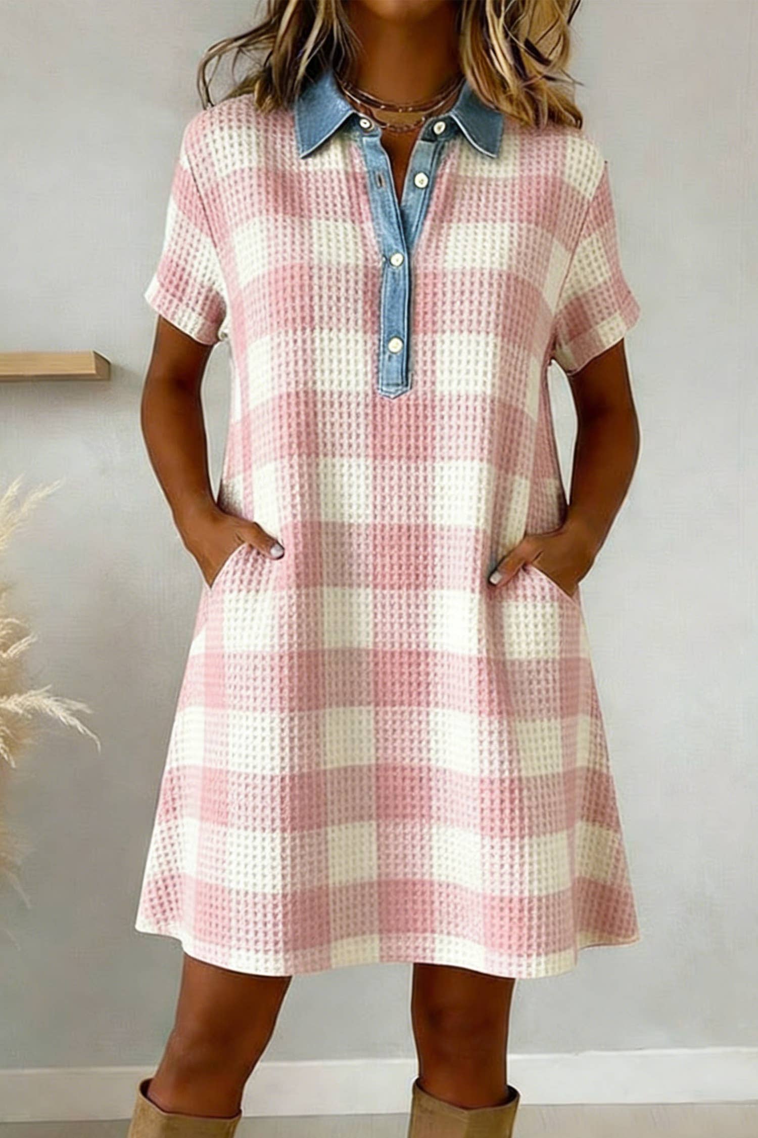 Waffle Plaid Print Denim Shirt Collar Mini Dress (S-Xl)