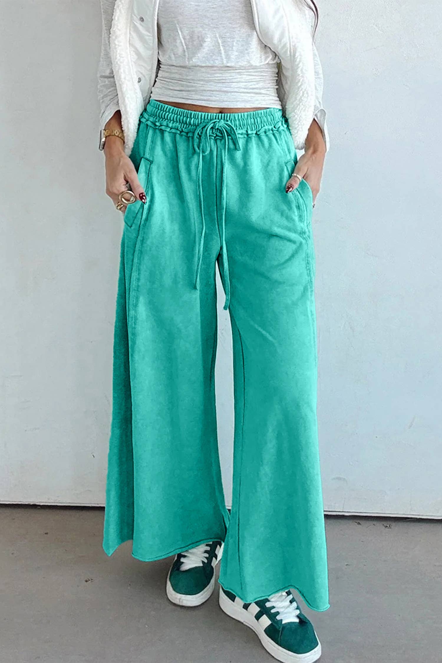 Mineral Wash Drawstring Elastic Waist Raw Hem Pants (S-Xl)