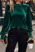 Frilled Collared Smocked Cuffs Puff Sleeve Velvet Top (S-Xl)