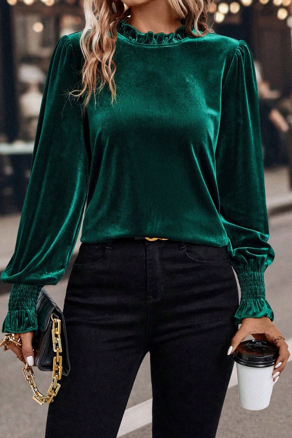 Frilled Collared Smocked Cuffs Puff Sleeve Velvet Top (S-Xl)