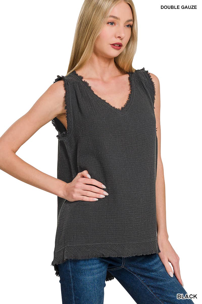 .....SI-27849 Double Gauze Raw Edge V Neck Tank Top