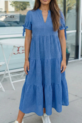 Plus Size Gingham Textured Bow Tie Tiered Midi Dress (S-4X)