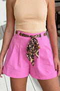 Leopard Contrast Sash Belt Pleated Wide Leg Shorts (S-Xl)