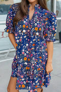 Daisy Floral Split Neck Short Puff Sleeve Mini Dress (S-Xl)