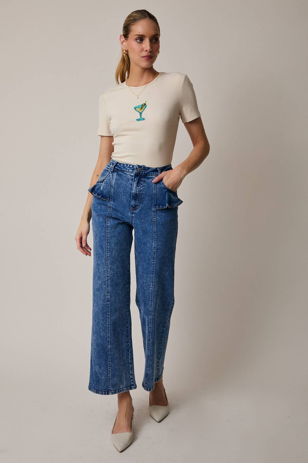 Ruffle Detailed Wide Leg Stretch Denim Pants