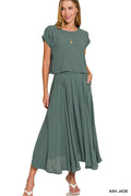 0827 Woven Crinkle Gauze Crop Tee & Skirt 2PC Set SI-27911