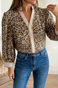 Contrast Striped Trim V Neck Leopard Shirt (S-Xl)