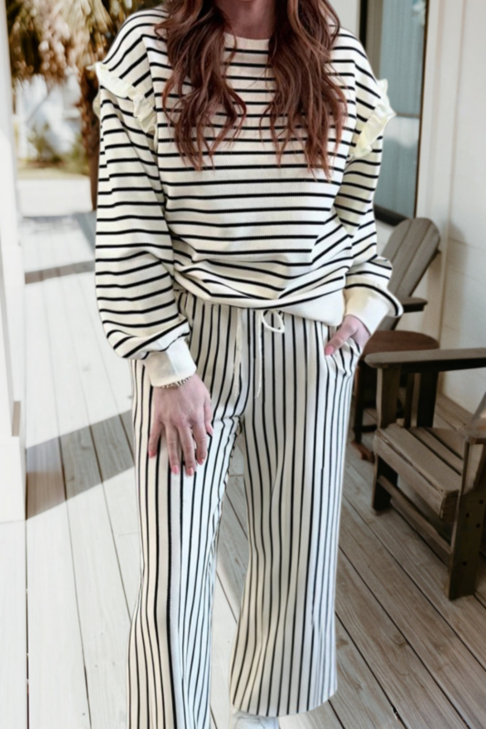 Striped Ruffle Trim Top and Drawstring Loose Pant Set (S-Xl)