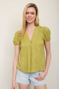 Scallop Trim V Neck Edge Lace Button Down Top
