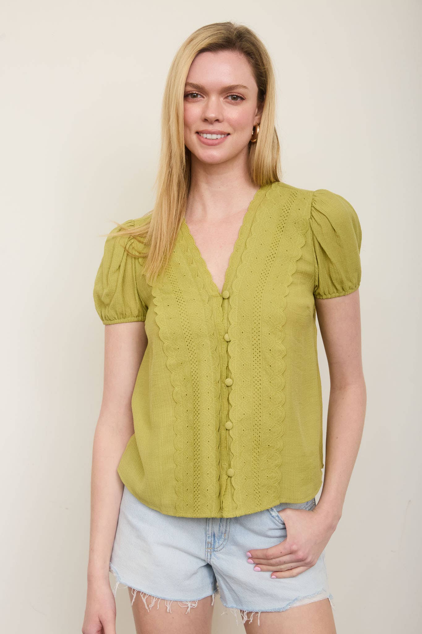 Scallop Trim V Neck Edge Lace Button Down Top