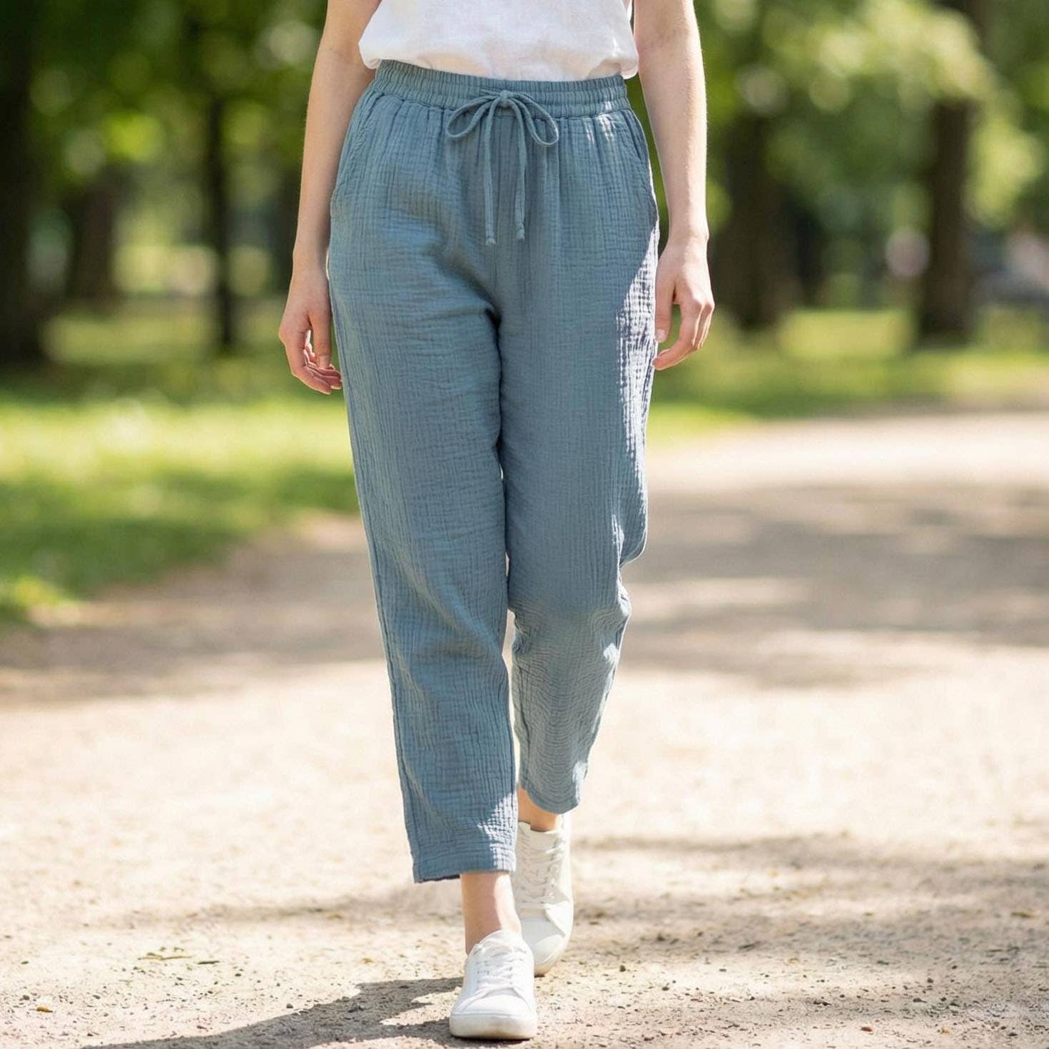 ..Drawstring Elastic Waist Pants w/ Pockets