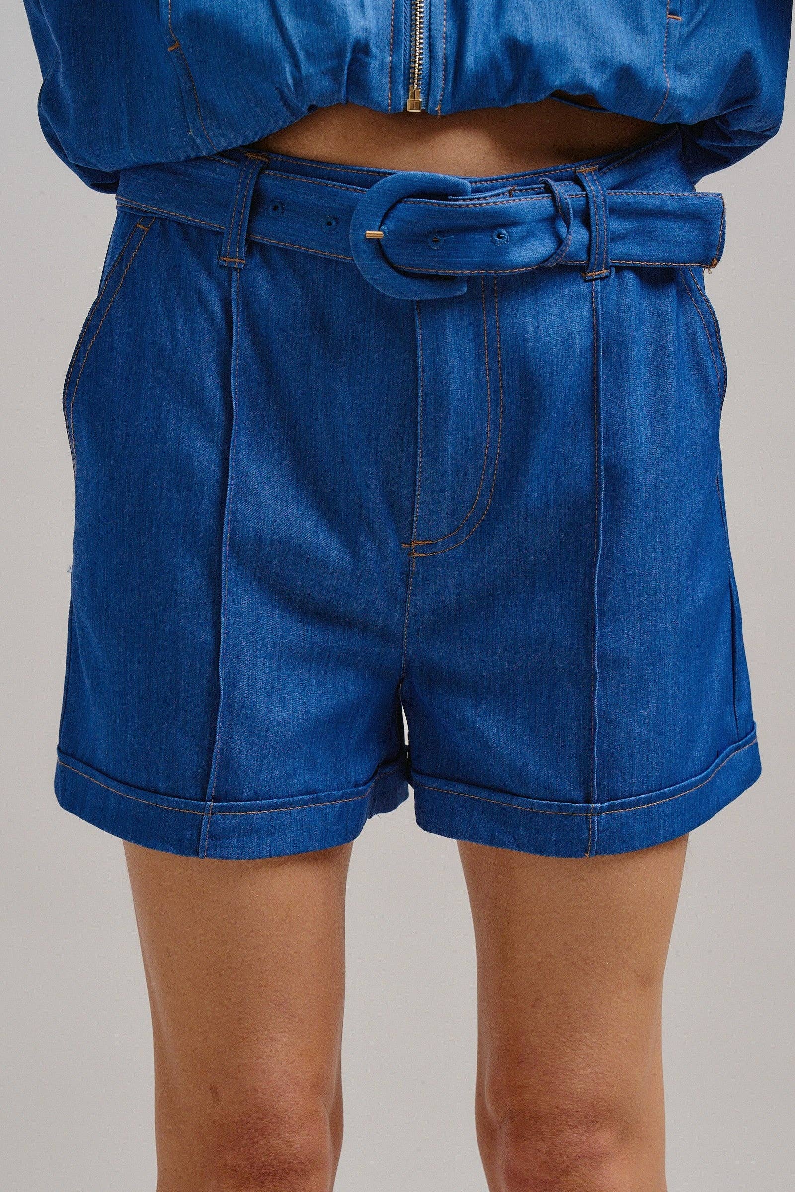 High Waisted Chambray Belted Shorts with Cuffed Hem