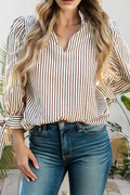 Striped Frill V Neck Knot Bracelet Sleeve Mock Neck Blouse