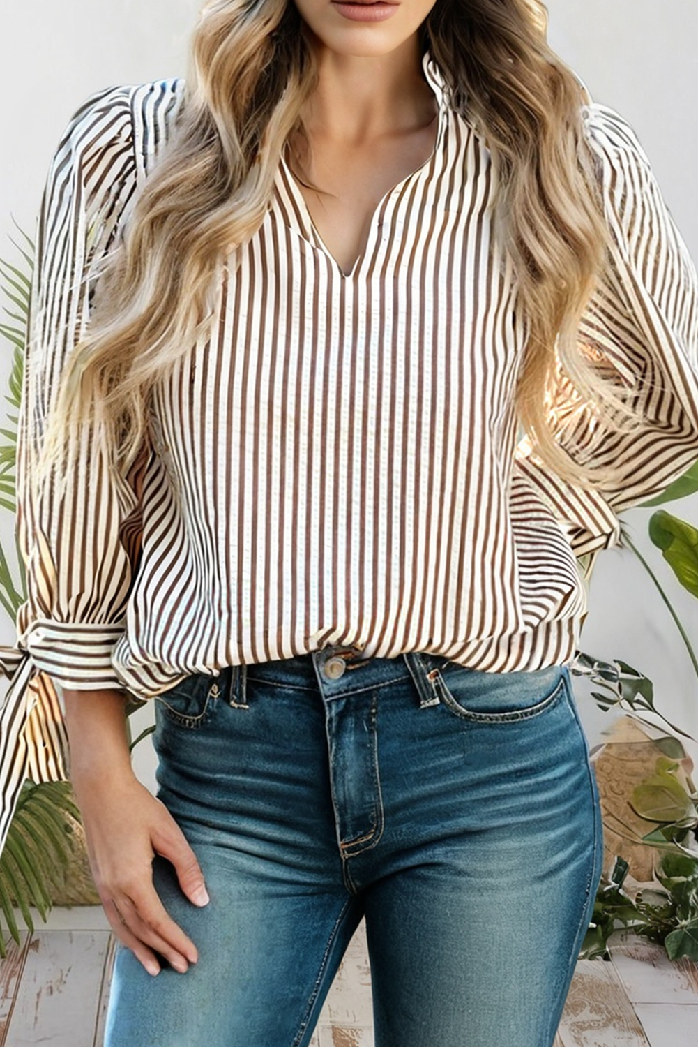 Striped Frill V Neck Knot Bracelet Sleeve Mock Neck Blouse