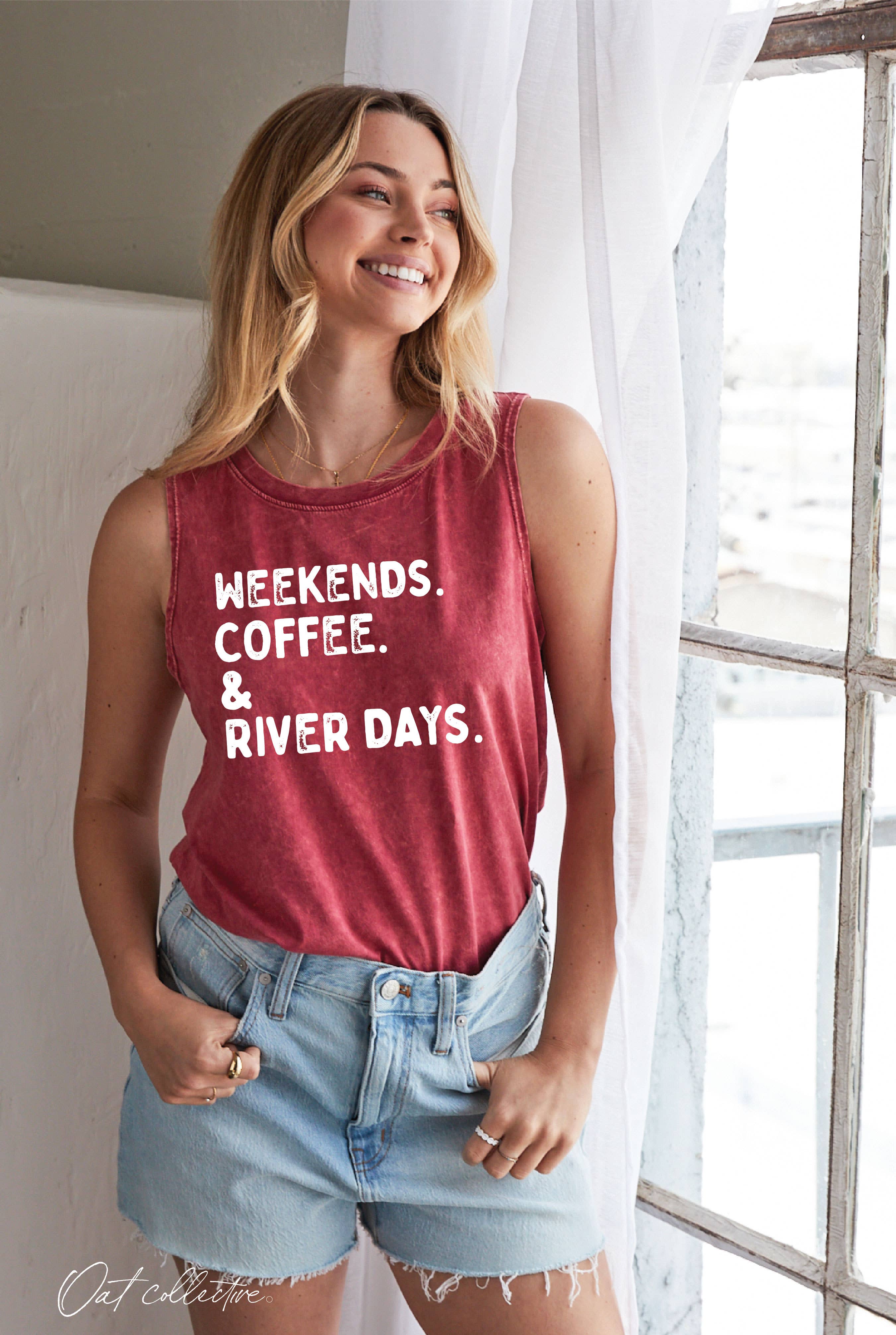 Weekends Coffee and River Days Mineral Graphic Tank Top