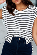 Stripe Textured Knit Button Short Sleeve Casual Tee (S-Xl)