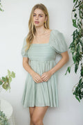 Pleated Bodice Short Puff Sleeve Mini Dress