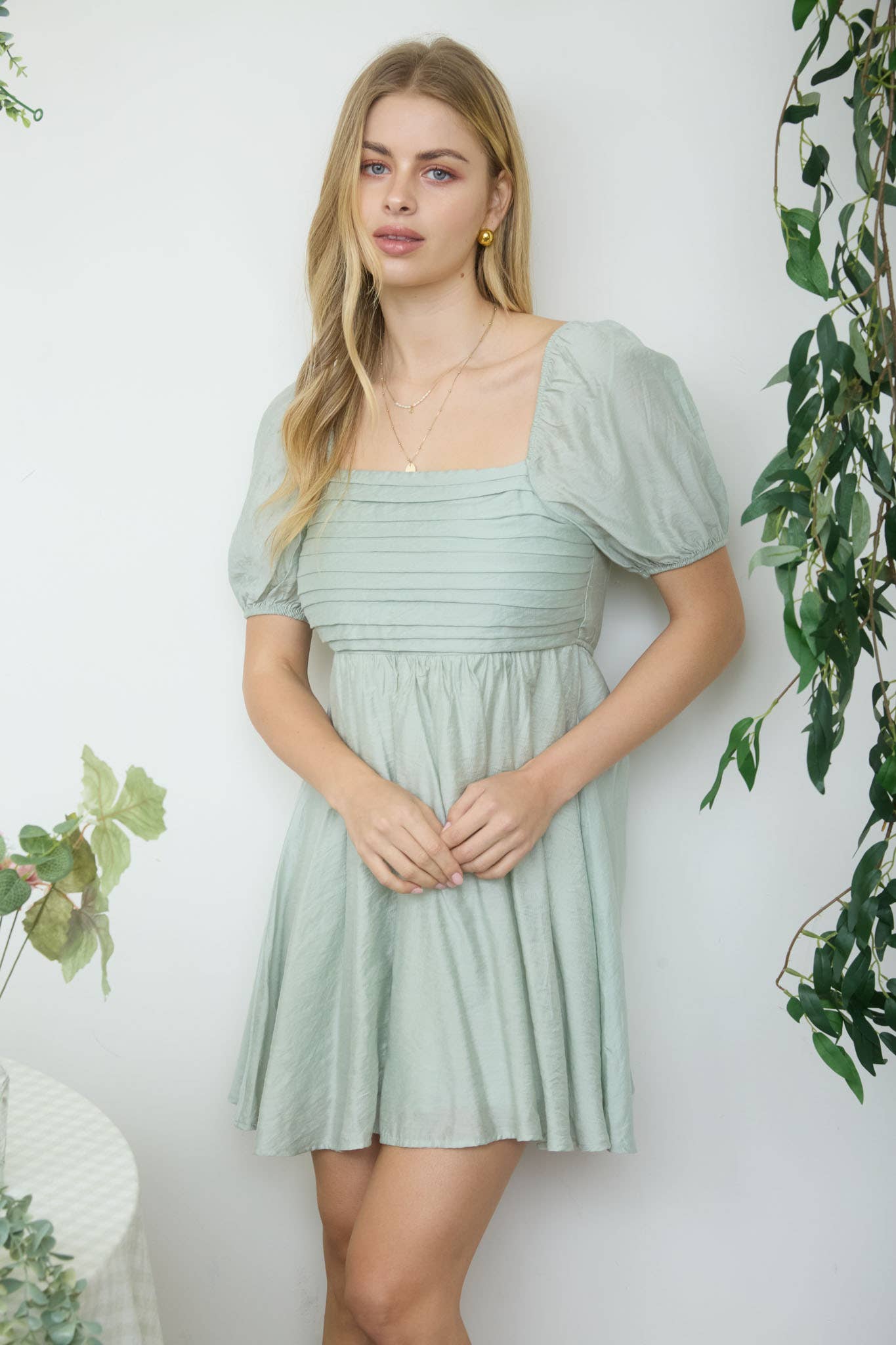Pleated Bodice Short Puff Sleeve Mini Dress