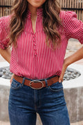 Stripe Ruffled Short Puff Sleeve Button Front Blouse (S-Xl)