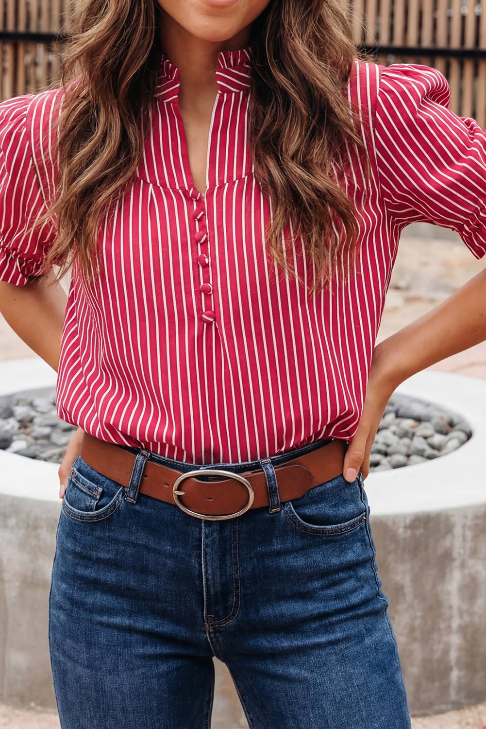 Stripe Ruffled Short Puff Sleeve Button Front Blouse (S-Xl)