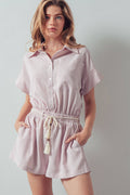 Striped Tassel-Belt Collared Romper